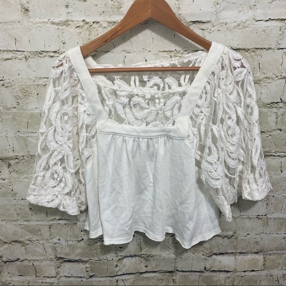 We The Free Free People Ivory Lace Boho Cropped Knit Top - Picture 1 of 6